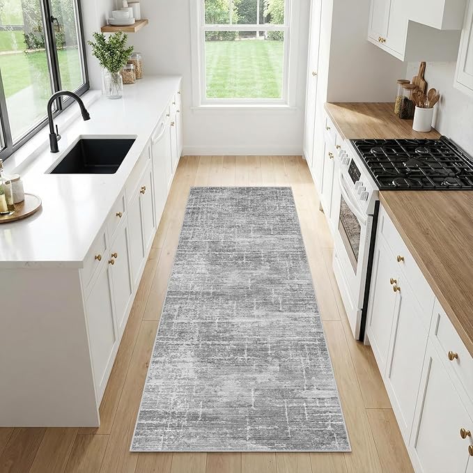 2x6 Washable Kitchen Runner Rug - Modern Abstract Neutral Carpet with Non-Slip Backing Low-Pile Stain-Resistant Thin Runners for Hallway Bathroom Bedroom Entryway (2x6, Gray)