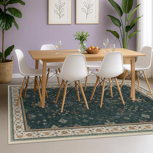 Hazo Haus Vintage Dark Green 7x9 Dining Room Rugs for Under Kitchen Table - Washable Livinig Room Rug - Unique Floral Pastel Low Pile Non-Slip Area Rugs for Bedroom