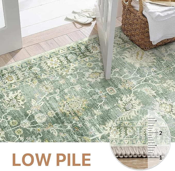 GENIMO Runner Rug for Hallways Machine Washable, 2x5 Non Slip Boho Vintage Lightweight Washable Runners, Thin Floor Rugs for Entryway Hallway Bathroom Laundry Room Corridor, Light Sage