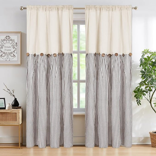 ASPMIZ Cotton Linen Farmhouse Curtains Boho Rustic Button Panel, Country Window Curtain & Drapes, Brown Stripe Modern Curtains for Living Room, Back Tab & Rod Pocket Curtain 52 x 84 Inch, 2 Panels