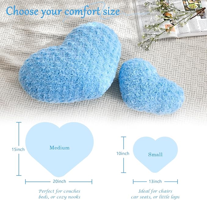 Heart Pillow Blue Throw Pillows, Soft Fluffy Decorative Pillows for Bed Couch Chair, Cute Heart Shaped Room Decor Gifts for Valentine Anniversary Birthday Mothers Christmas (Small, 13"x10")
