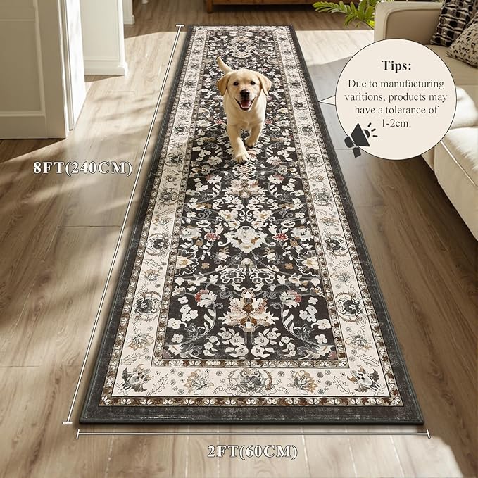 LOKHOM Washable Runner Rug, 2x8 Non Slip Vintage Hallway Runner Rug with Rubber Backing, Boho Floral Soft Faux Wool Kitchen Rug Carpet Runner for Kitchen Laundry Entryway Bedroom (Black)