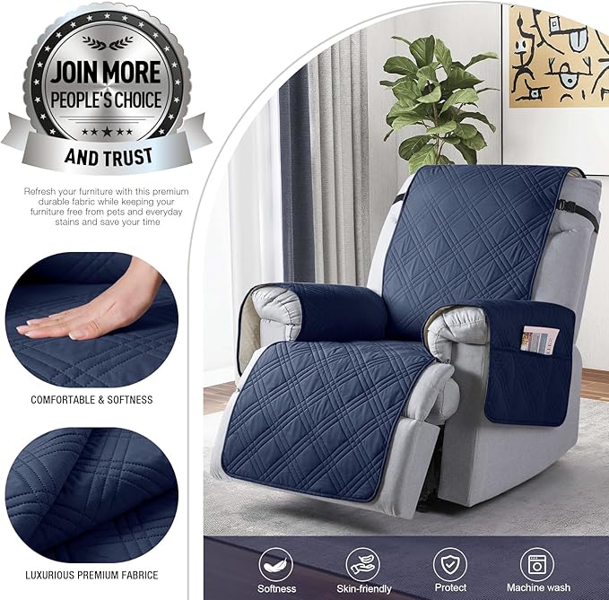 TAOCOCO Waterproof Recliner Chair Covers 30 Inch Wide, Oversized Recliner Covers for Recliner Chair with Pocket, Recliner Slipcovers with Straps Furniture Protector for Kids Pets (30'', Navy Blue)