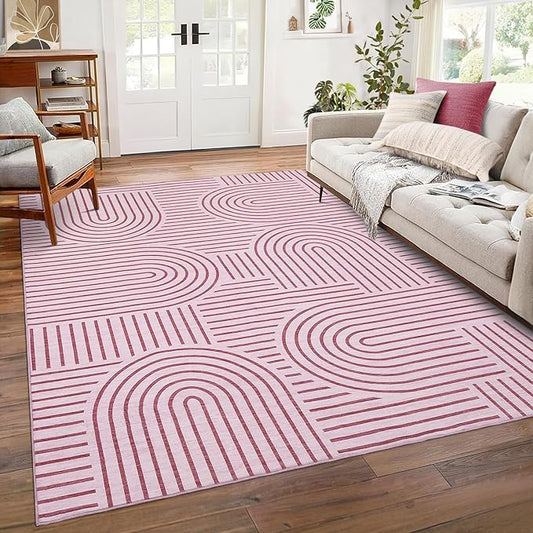 ROYHOME Washable Rug 8x10 Area Rugs for Living Room, Abstract Rug for Bedroom, Soft Rainbow Non Slip Throw Rugs with Rubber Back, Low Pile Stain Resistant Boho Geometric Carpet for Dining Room, Pink