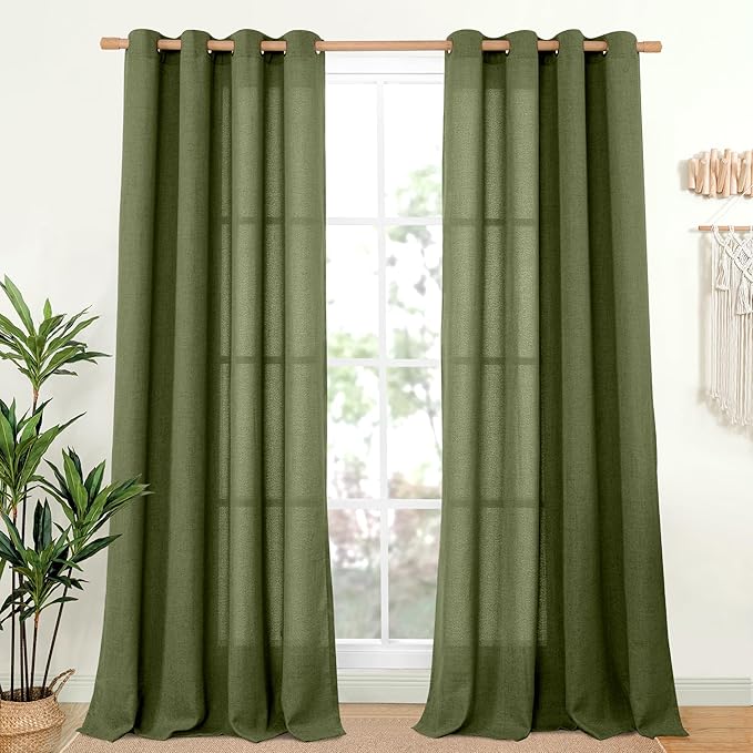 YoungsTex Green Linen Curtains for Living Room 84 Inch Length, Dark Olive Light Filtering Drapes with Bronze Grommet Natural Window Treatments for Dining Bedroom, 2 Panels, 52 X 84 Inch