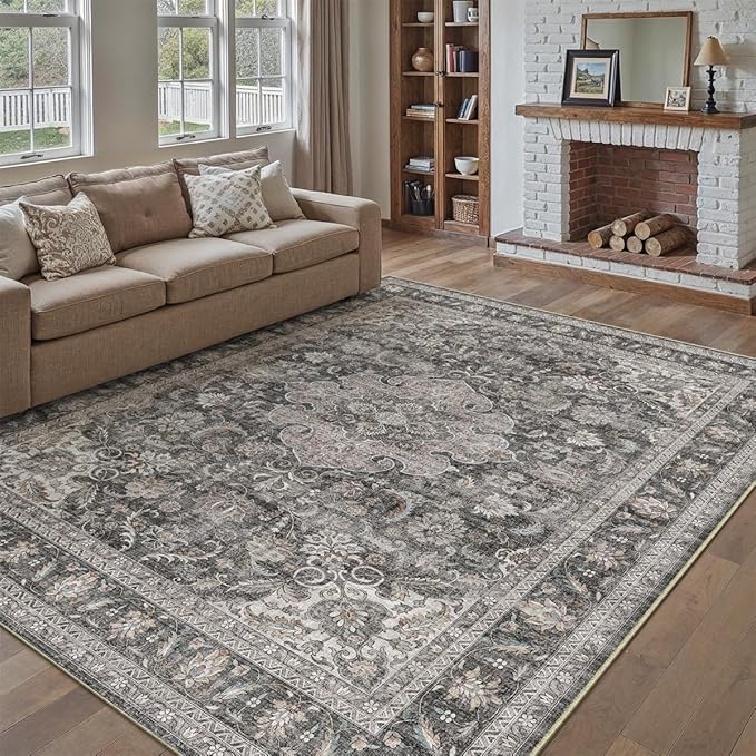6x9 Washable Area Rug Black Grey Vintage Non Slip Soft Medium Pile Rug for Living Room Bedroom Dining Room Office Distressed Oriental Indoor Throw Carpet for Home Decor
