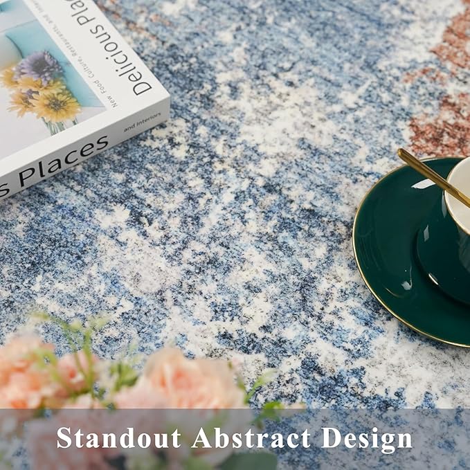 4x10 ft Extra Wide Hallway Rug – Non-Slip Washable Large Carpet Runner for Kitchen, Indoor Entryway, Modern Abstract Low-Pile Thin Floor Mat for Bedroom, Living Room, Dining Room (Blue Rust,4x10)