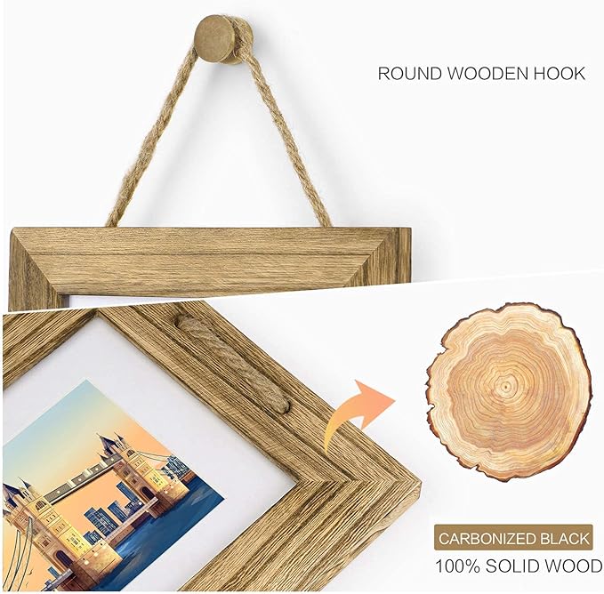 DLQuarts 5x7 Hanging Picture Frames Collage Wall Decor, 4-Opening 5x7 Matted to 3.5x5 Photo Rustic Wood Frame with Hemp Rope, 1 Pack, Carbonized Brown