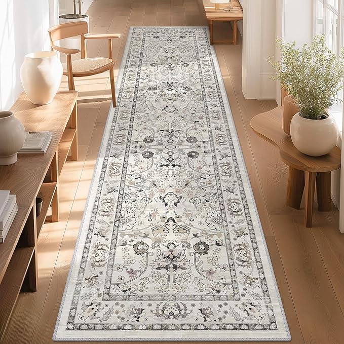 LOKHOM Washable Runner Rug, 2x8 Non-Slip Vintage Hallway Runner Rug with Rubber Backing, Boho Floral Soft Faux Wool Kitchen Rug Carpet Runner for Laundry Entryway Bedroom (Cream White)