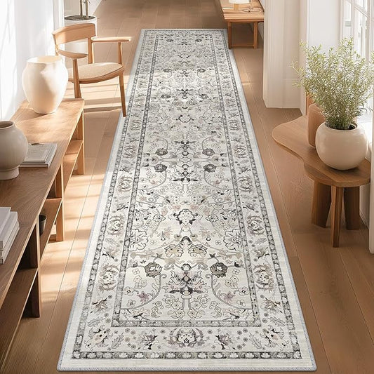 LOKHOM Washable Runner Rug, 2x8 Non-Slip Vintage Hallway Runner Rug with Rubber Backing, Boho Floral Soft Faux Wool Kitchen Rug Carpet Runner for Laundry Entryway Bedroom (Cream White)