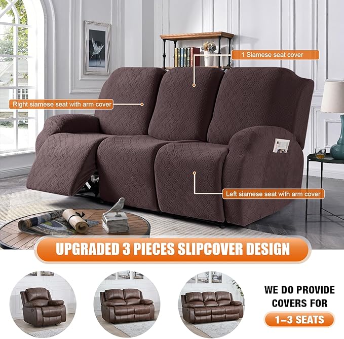 VANSOFY Recliner Cover, 3-Pieces Stretch Reclining Couch Covers with Pockets Reclining Sofa Slipcovers 3 Seater Soft Washable Furniture Protector for Dogs Cats(Dark Coffee)