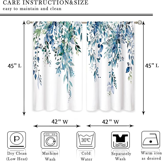 Teal Eucalyptus Botanical Leaves Floral Window Curtains Blue Watercolor Turquoise Flower Plant Wildflower Farmhouse Curtain Drapes Herb Curtains for Bedroom Living Room Treatment 42Wx45H Inch