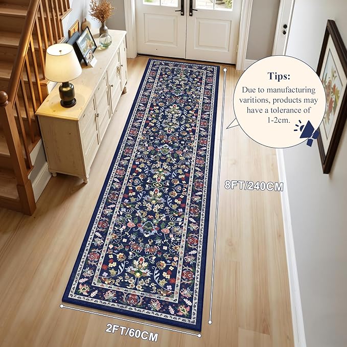 LOKHOM Washable Runner Rug, 2x8 Non-Slip Vintage Hallway Runner Rug with Rubber Backing, Boho Floral Soft Faux Wool Kitchen Rug Carpet Runner for Laundry Entryway Bedroom (Vibrant Blue)