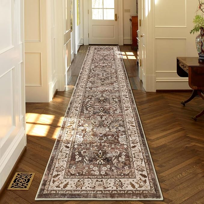 LOKHOM Washable Runner Rug, 2x10 Non-Slip Vintage Farmhouse Hallway Runner Rug with Rubber Backing, Boho Soft Faux Wool Kitchen Rug Carpet for Kitchen Laundry Entryway Bedroom (Dark Brown)