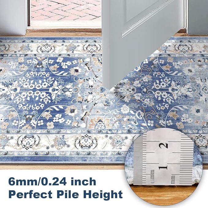 LOKHOM Washable Runner Rug, 2x8 Non-Slip Vintage Hallway Runner Rug with Rubber Backing, Boho Floral Soft Faux Wool Kitchen Rug Carpet Runner for Laundry Entryway Bedroom (Sky Blue)