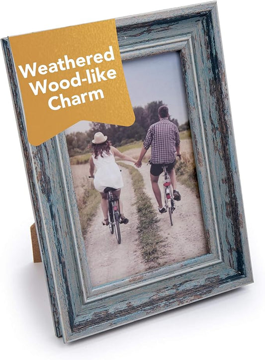 Weathered Picture Frame, Distressed Wooden Look for Wall or Tabletop Display, Lightweight Photo Frame with Glass Cover, 4" x 6", Gray