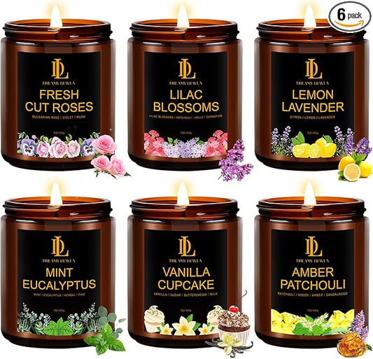6 Pack Candles for Home Scented, Candles Gifts for Women Men, 42oz Soy Candle Set, Scents of Roses/Lemon Lavender/Vanilla Cupcake/Amber Patchouli/Lilac Blossoms/Mint Eucalyptus