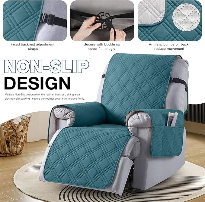 TAOCOCO 100% Waterproof Recliner Chair Covers, Non Slip Recliner Covers for Recliner Chair with Pocket, Washable Reclining Chair Cover Furniture Protector for Kids,Dogs(22'', Peacock Blue)