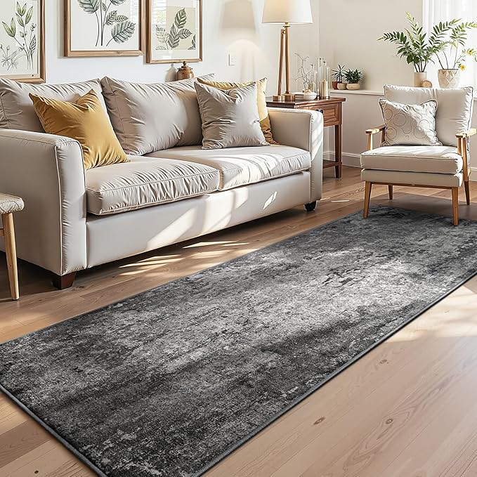 3x8 Black Rug Runners for Hallways Kitchen Runner Rug Non Slip Washable Black Long Runner Rugs with Rubber Backing Soft Abstract Carpet Runner for Bedroom, Kitchen, Bathroom, Entryway