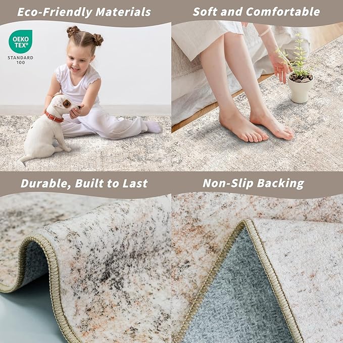 4x8 Washable Indoor Entryway Rug – Non-Slip Rubber Backed Floor Mat for Kitchen, Hallway, Bedroom – Modern Abstract Low-Pile Thin Wide Carpet Runner for Bathroom, Living Room, Office (Beige Grey, 4x8)