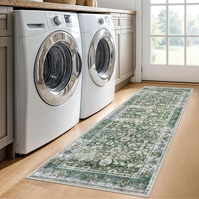 KUTA Runners for Hallways 2x6, Vintage Floral Rug Non-Slip Washable Kitchen Rugs Green Ultra Thin Soft Printed Retro Distressed Flower Carpet Entryway Rugs for Bedroom Laundry Nursery