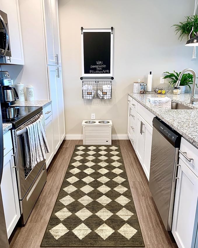 Lahome Zelie Washable Kitchen Runner Rug 2x6, Brown Rug Runners for Hallways 6 Feet Non Slip Bathroom Rugs Runner, Moroccan Trellis Non Skid Low Pile Laundry Room Carpet Runners for Bedroom Entryway