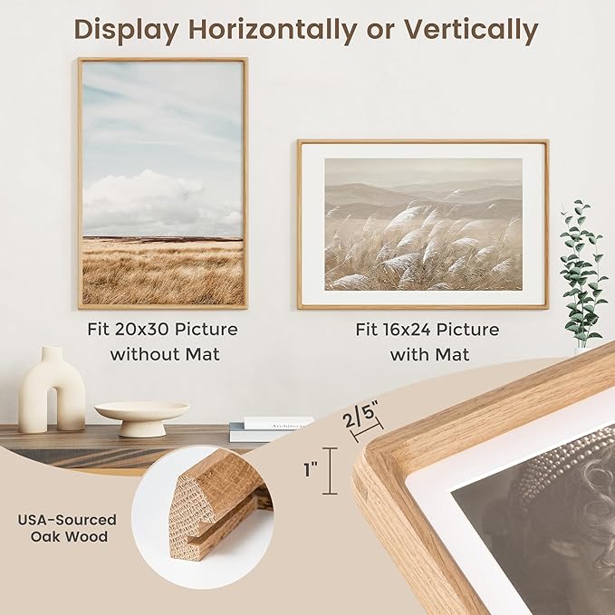 20x30 Poster Frame, USA-Sourced Oak Wood Picture Frame with HD Tempered Glass, Handcrafted Rounded Corner 20 x 30 Wooden Frames Matted to 16x24 Photos, Horizontal or Vertical Wall Display