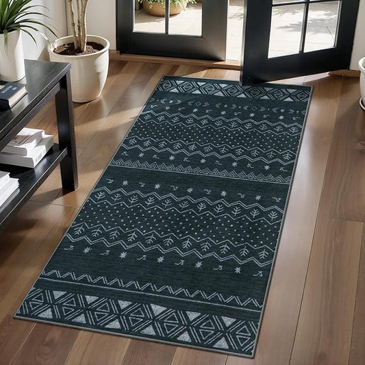 SERISSA 2x4 Rugs for Entryway, Washable Non-Slip Grey Small Runner Rug, Soft Low-Pile Boho Geometric Indoor Entry Rug Door Mat Indoor Entrance Front Door Carpet for Bathroom Kitchen Bedroom