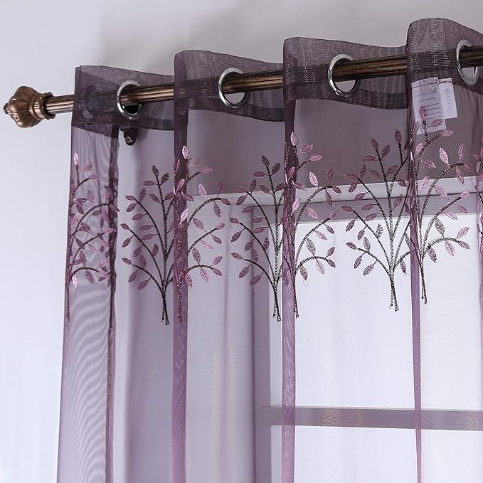DONREN Tree Branch Printed Embroidery Sheer Curtains for Bedroom - Luxury Plum Purple Embroidery Sheer Curtain Panels for Living Room (W 52 x L 84 Inch,2 Panels)