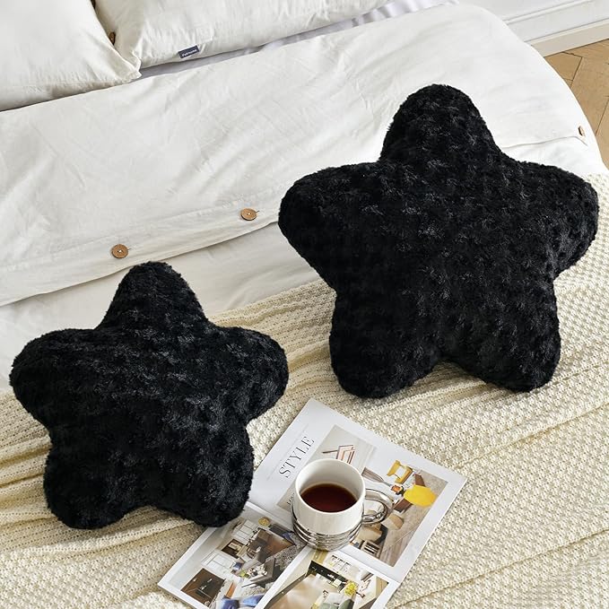 Star Pillow, 14.9" Star Shaped Plush Pillow for Couch Bed Sofa, Cute Decorative Throw Pillows with Soft Faux Fur Room Decor for Bedroom Living Room (Black)