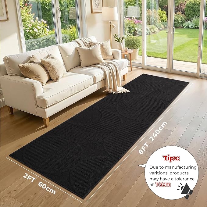 Findosom Washable Runner Rug 2x8, Geometric High-Low Textured Non Slip Hallway Runner Rug with Rubber Backing, Boho Carpet Runner for Kitchen, Bedroom, Laundry, Entryway, Bathroom, Black