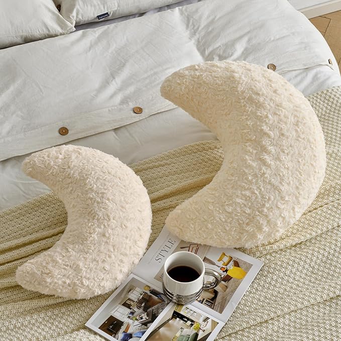 Moon Shaped Pillow with Soft Faux Fur for Couch, Bed, Sofa - Cute Half Moon Pillows with Room Decor for Bedroom, Living Room (14.9 Inches, Beige)