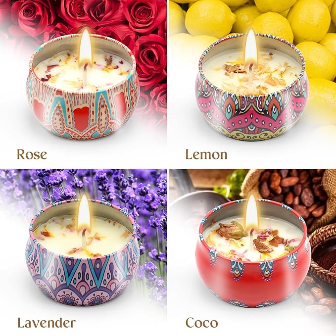 Scented Candles Gift Set for Women Soy Candles 4 Pack Natural Aromatherapy with Dried Flowers in Reusable Tins Relaxation Gift for Birthday Mother's Day Valentine's Day Christmas New Home