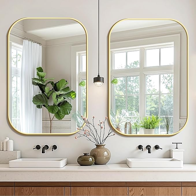 FICTOR Bathroom Vanity Mirror for Wall, 2 Pack 26" x 38" Rectangle Bathroom Mirror for Over Sink, Metal Framed, Hangs Horizontally or Vertically(Gold)