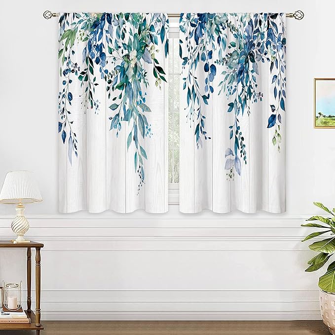 Farmhouse Teal Eucalyptus Small Kitchen Curtains Blue Leaves Window Treatment Turquoise Wooden Cafe Short Curtains for Bathroom Dining Laundry Room Botanical Tier Treatment Drapes 27.5x39 inch