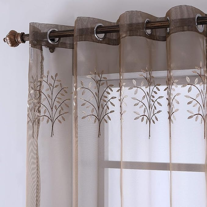 DONREN Luxury Brown Sheer Curtains for Living Room - Leaf Embroidery Sheer Curtain Panels for Bedroom (W 52 x L 96 Inch,2 Panels)