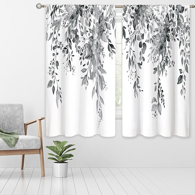Grey Eucalyptus Botanical Leaves Floral Window Curtains Watercolor Black White Flower Plant Wildflower Farmhouse Curtain Drapes Herb Curtains for Bedroom Living Room Treatment 42Wx45H Inch