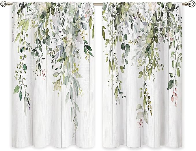 Farmhouse Eucalyptus Botanical Small Kitchen Curtains Rustic Leaves Window Treatment Wooden Floral Sage Mint Green Cafe Short Curtains for Bathroom Dining Tier Treatment Drapes 26x24 inch