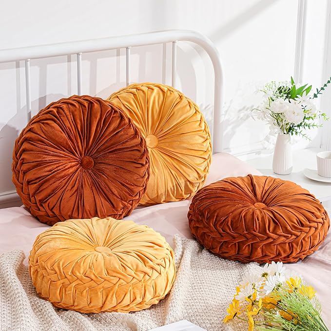Drydiet 4 Pcs Round Throw Velvet Pillows Decorative Pleated Throw Pillows 15'' Diameter Accent Pumpkin Boho Chair Cushion for Couch Sofa Home Decoration (Burnt Orange,Yellow)