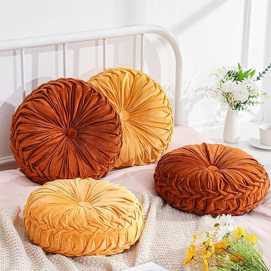 Drydiet 4 Pcs Round Throw Velvet Pillows Decorative Pleated Throw Pillows 15'' Diameter Accent Pumpkin Boho Chair Cushion for Couch Sofa Home Decoration (Burnt Orange,Yellow)
