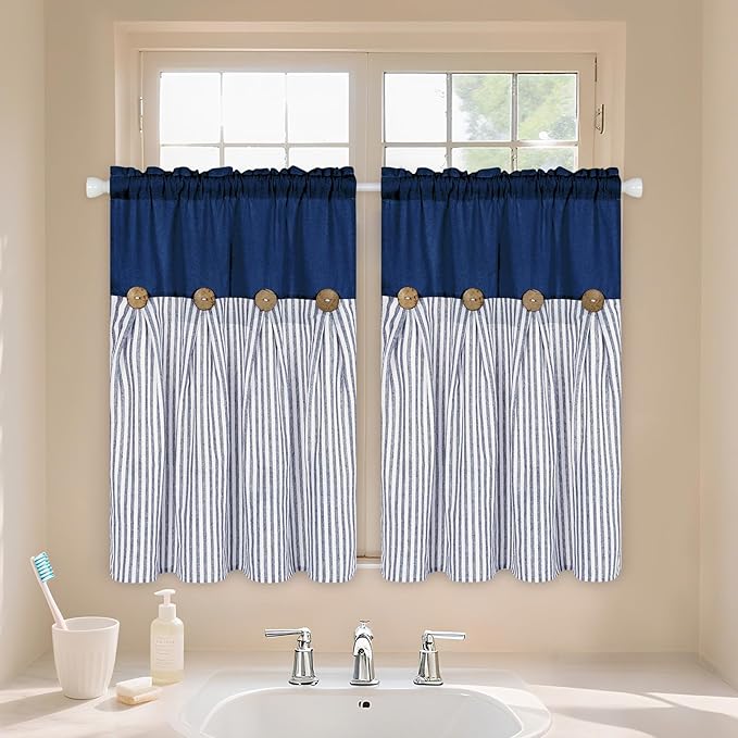 ASPMIZ Cotton Linen Farmhouse Kitchen Curtains, Blue Striped Tier Curtain 36 Inch Lenth, Boho Rustic Button Short Curtains for Small Window, Rod Pocket Half Window Curtain for Kitchen Cafe, 2 Panels