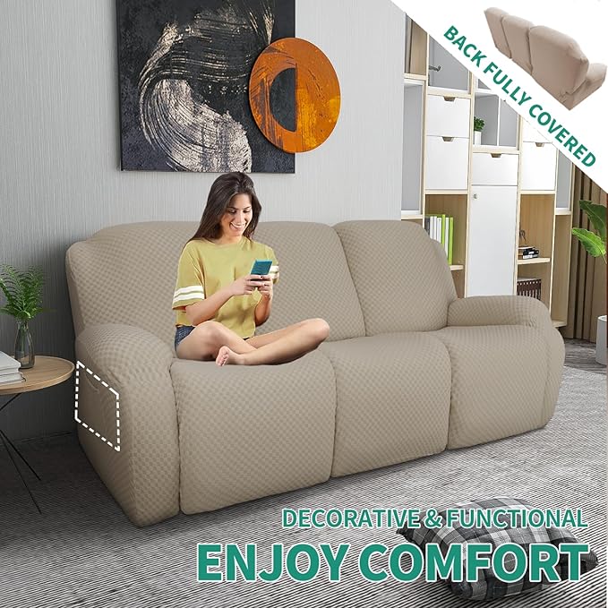 YEMYHOM 8 Pieces Stretch Recliner Sofa Cover Latest Jacquard Reclining Couch Cover with Side Pocket Anti-Slip Fitted 3 Cushion Furniture Slipcovers with Elastic Bottom (Sofa Recliner, Khaki)