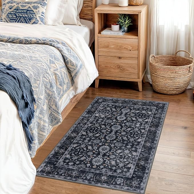 KUTA Vintage Floral Entryway Rug 2x3, Kitchen Rugs Non-Slip Washable Throw Rug, Black Grey Orange Ultra Thin Soft Print Front Door Mat Indoor Doormat for Entrance, Bedside, or Small Spaces
