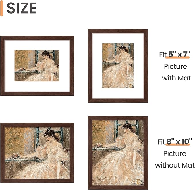upsimples 8x10 Picture Frame, Display Pictures 5x7 with Mat or 8 x 10 Without, Wall Hanging Photo Frames, Brown, 1 Pack