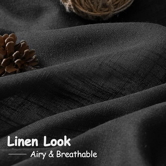 Black Linen Curtains 132 inch Extra Long for Living Room Back Tab Light Filtering Semi Sheer Drapes Modern Farmhouse Muslin Look Decor Cotton Textured Curtain for Floor to Ceiling Window 11 FT