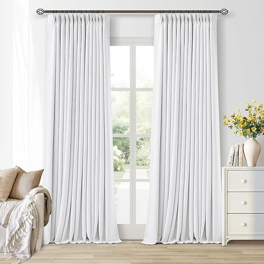 Soft White 100 Inch Floor Length Linen Blackout Curtains for Bedroom Pinch Pleated Black Out Thermal Insulated Window Drapes Light Blocking Double Layer Soundproof 100 Inch White Curtain 2 Panels