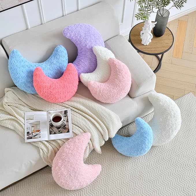 Moon Shaped Pillow with Soft Faux Fur for Couch, Bed, Sofa - Cute Half Moon Pillows with Room Decor for Bedroom, Living Room (14.9 Inches, Blue)