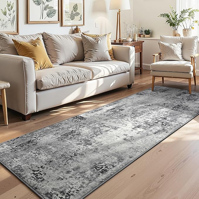 3x7 Grey Rug Runners for Hallways Kitchen Runner Rug Non Slip Washable Black Long Runner Rugs with Rubber Backing Soft Abstract Carpet Runner for Bedroom, Kitchen, Bathroom, Entryway