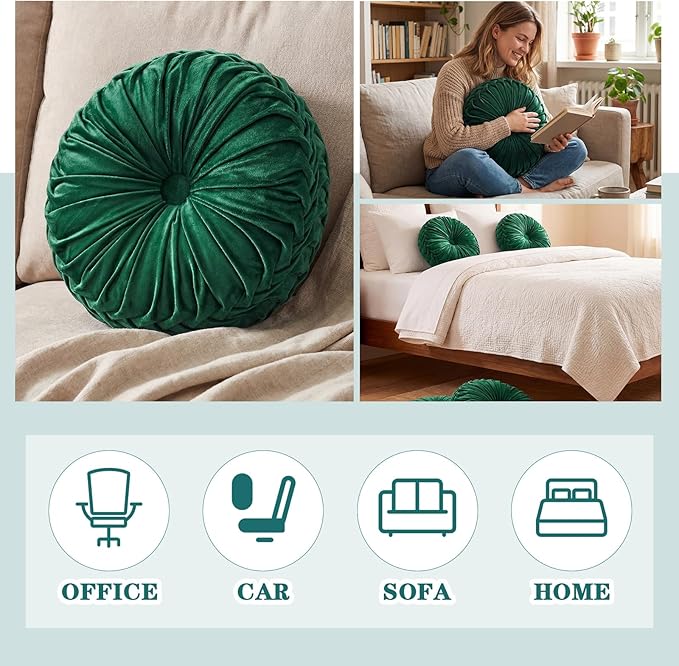 Drydiet 1 Pcs Round Throw Velvet Pillows Decorative Pleated Throw Pillows 15'' Diameter Accent Pumpkin Boho Chair Cushion for Couch Sofa Home Decoration (Deep Teal)
