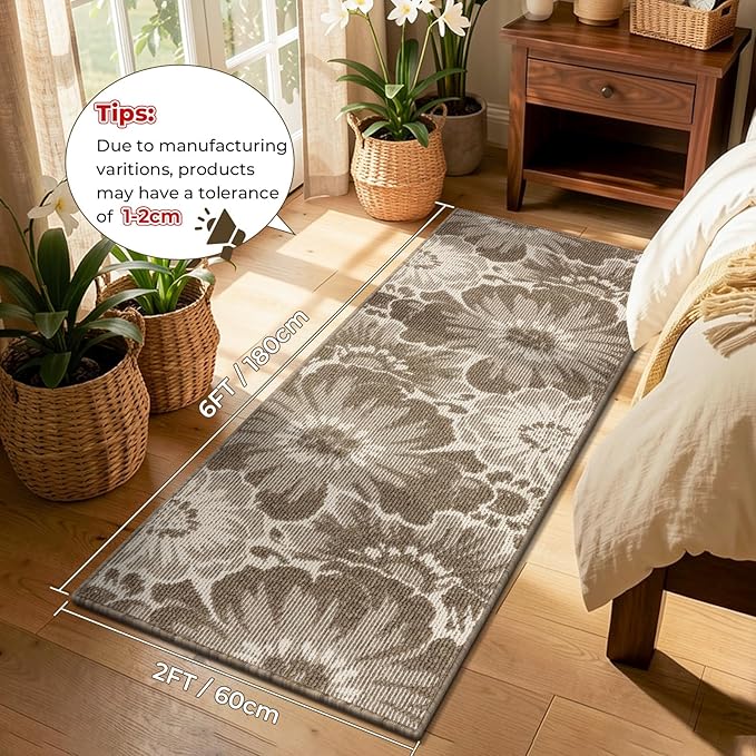 Findosom Hallway Runner Rug 2x6, Non Slip High-Low Textured Floral Washable Runner Rug with Rubber Backing, Boho Carpet Runner for Kitchen, Entryway, Bedroom, Laundry, Brown